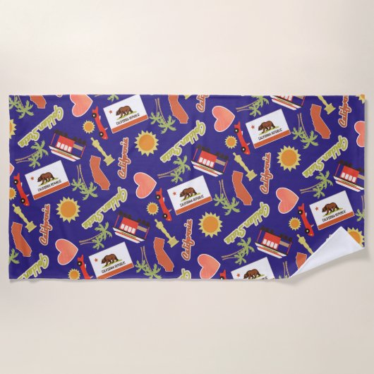 青いカリフォルニアおもしろいパターン ビーチタオル (正面)