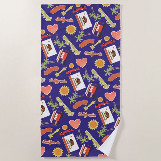 青いカリフォルニアおもしろいパターン ビーチタオル (正面)