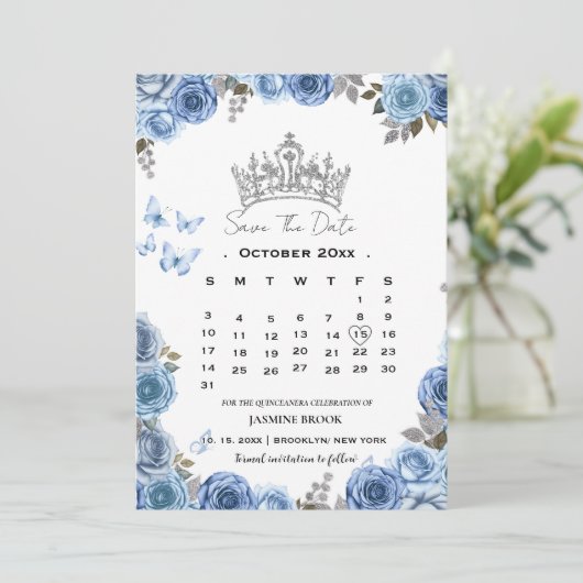 青いカレン地中海のダーの写真なし日付の保存 招待状 (スタンド正面)