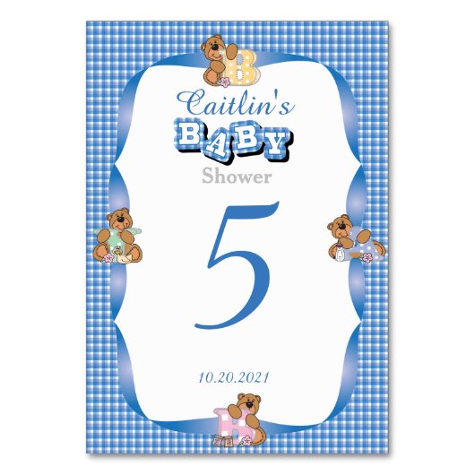 青いカントリープレイドとベビーがテーブル番号を持つ テーブルナンバー (正面)