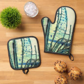 青いカーブ 鍋つかみ&鍋敷きセット (トップダウン)