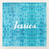 青いガラスのタイルブロックのモザイク ガラスコースター (正面)