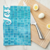 青いガラスのタイルブロックのモザイク キッチンタオル (四つ折り)