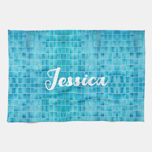 青いガラスのタイルブロックのモザイク キッチンタオル (横)