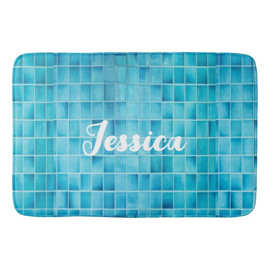 青いガラスのタイルブロックのモザイク バスマット (正面)