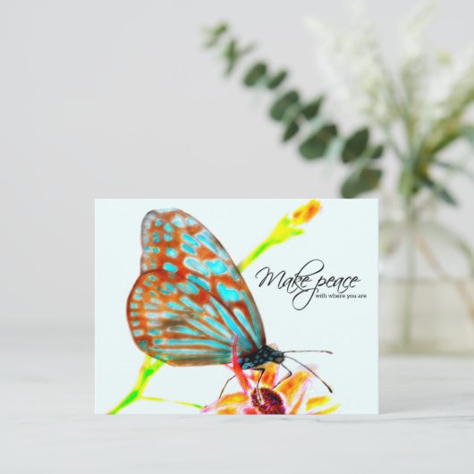 青いガラス色の虎の蝶 – 平和を作る ポストカード (スタンド正面)
