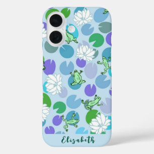 青いガーリー《植物》スイレンの可愛いカエルのアートカスタム iPhone 16ケース