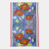 青いキッチンタオルに赤いケシ キッチンタオル (縦)