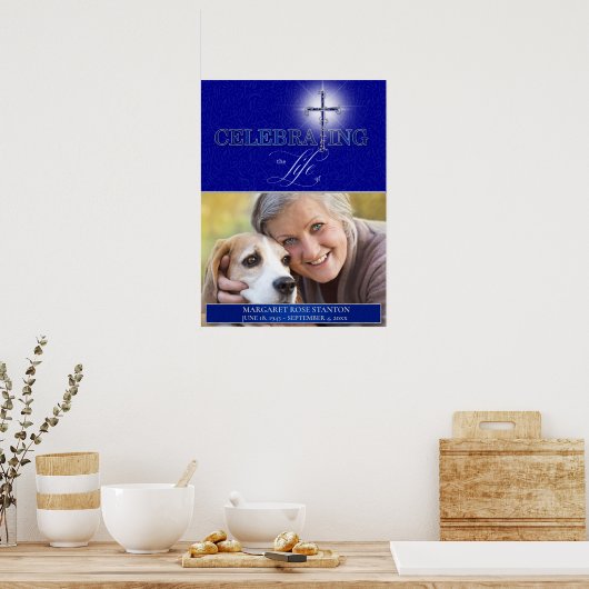 青いキリスト教の十字架の写真を称える ポスター (キッチン)