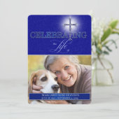 青いキリスト教十字架 お別れの会 フォト 招待状 (スタンド正面)