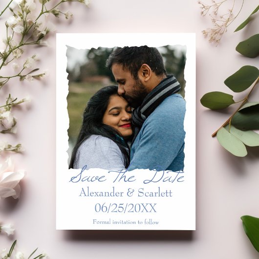 青いギザギザのフレームフォトセーブ・ザ・デート案内 案内状