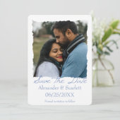 青いギザギザのフレームフォトセーブ・ザ・デート案内 案内状 (スタンド正面)