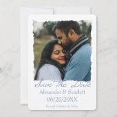 青いギザギザのフレームフォトセーブ・ザ・デート案内 案内状 (正面)