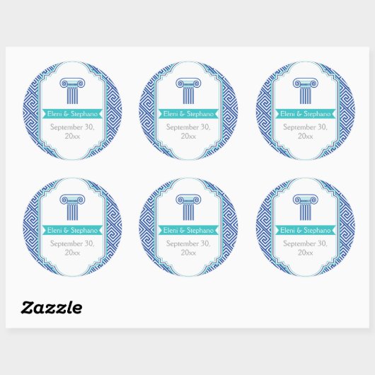 青いギリシャ語の鍵と列の結婚式の日付を保存 ラウンドシール (シート)