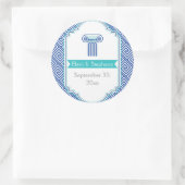 青いギリシャ語の鍵と列の結婚式の日付を保存 ラウンドシール (バッグ)