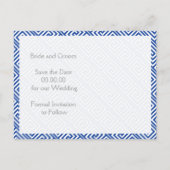 青いギリシャ語の鍵と列の結婚式の日付を保存 案内ポストカード (裏面)