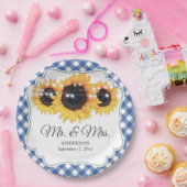 青いギンガムのひまわりミセス結婚ズ ペーパープレート (パーティー)