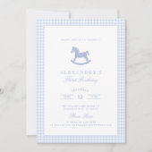 青いギンガムのゆらゆら馬の男の子の誕生日 招待状 (正面)