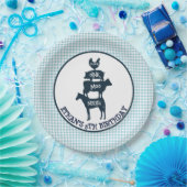 青いギンガムの農場のテーマの動物の女の子の誕生日 ペーパープレート (パーティー)