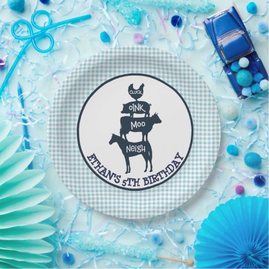 青いギンガムの農場のテーマの動物の女の子の誕生日 ペーパープレート (パーティー)