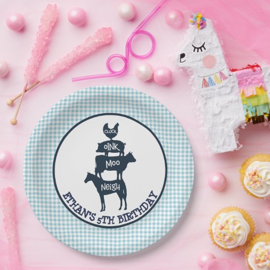 青いギンガムの農場のテーマの動物の女の子の誕生日 ペーパープレート (パーティー)