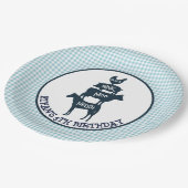 青いギンガムの農場のテーマの動物の女の子の誕生日 ペーパープレート (アングル)