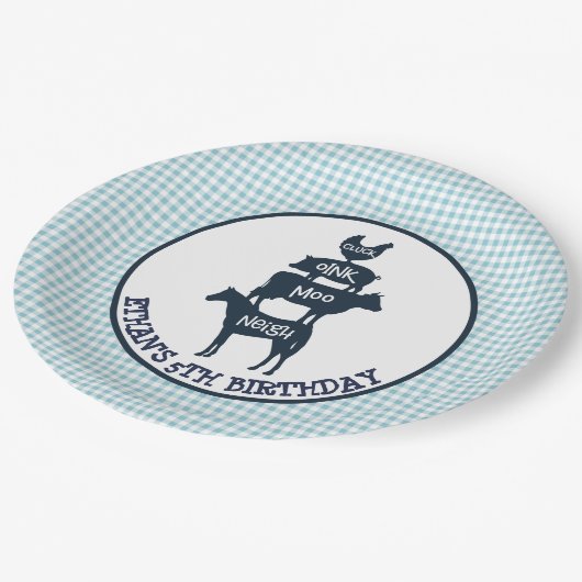 青いギンガムの農場のテーマの動物の女の子の誕生日 ペーパープレート (アングル)