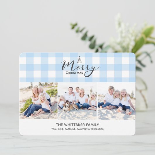 青いギンガムの3写真のクリスマスカード シーズンカード (スタンド正面)