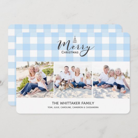 青いギンガムの3写真のクリスマスカード シーズンカード (正面/裏面)