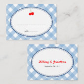 青いギンガムカントリー素朴なさくらんぼシーティングカード プレイスカード (正面/裏面)