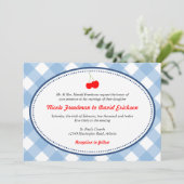 青いギンガムカントリー素朴な赤いさくらんぼ結婚ズ 招待状 (スタンド正面)