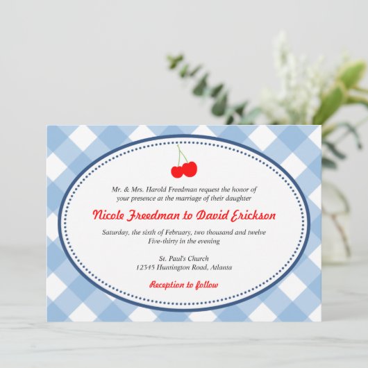 青いギンガムカントリー素朴な赤いさくらんぼ結婚ズ 招待状 (スタンド正面)