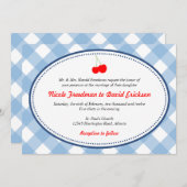 青いギンガムカントリー素朴な赤いさくらんぼ結婚ズ 招待状 (正面/裏面)