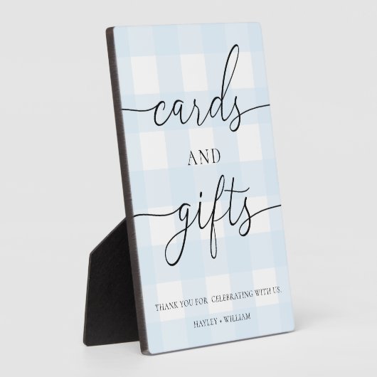 青いギンガムカードとギフト フォトプラーク (側面)