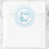 青いギンガムステッカー ラウンドシール (バッグ)