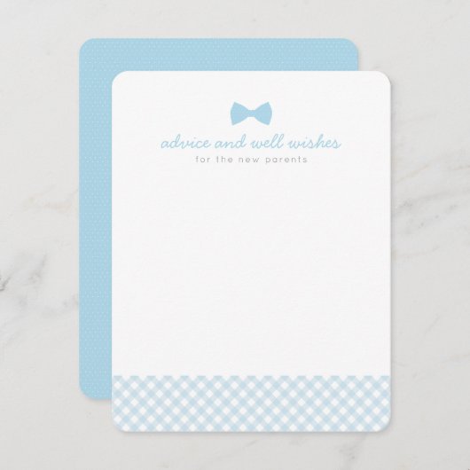 青いギンガムバウネクタイかわいい赤ちゃんシャワー アドバイスカード (正面/裏面)