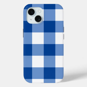 青いギンガムパターン iPhone 15ケース