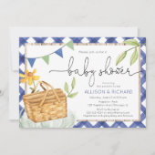 青いギンガムピクニックベビーシャワーパークでのピクニック 招待状 (正面)