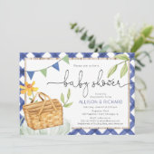 青いギンガムピクニックベビーシャワーパークでのピクニック 招待状 (スタンド正面)