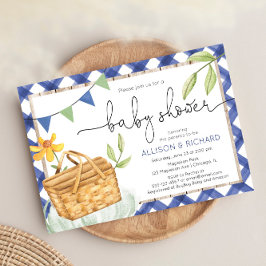 青いギンガムピクニックベビーシャワーパークでのピクニック 招待状