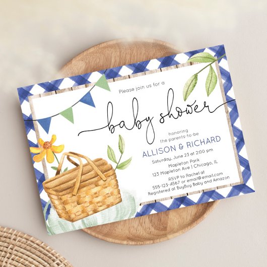 青いギンガムピクニックベビーシャワーパークでのピクニック 招待状