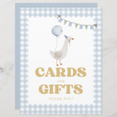 青いギンガムワン間抜けガチョウのカードとギフトサイン (正面/裏面)
