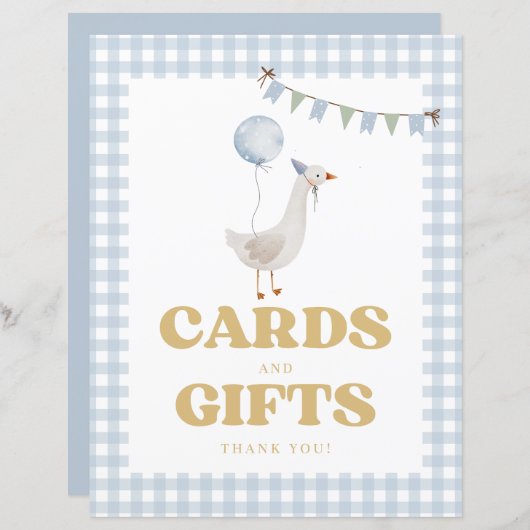 青いギンガムワン間抜けガチョウのカードとギフトサイン (正面/裏面)