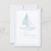 青いギンガム小さなカツオの赤モダンちゃんシャワー サンキューカード (正面)