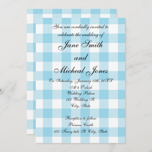 青いギンガム模様の結婚式招待状 招待状 (正面/裏面)