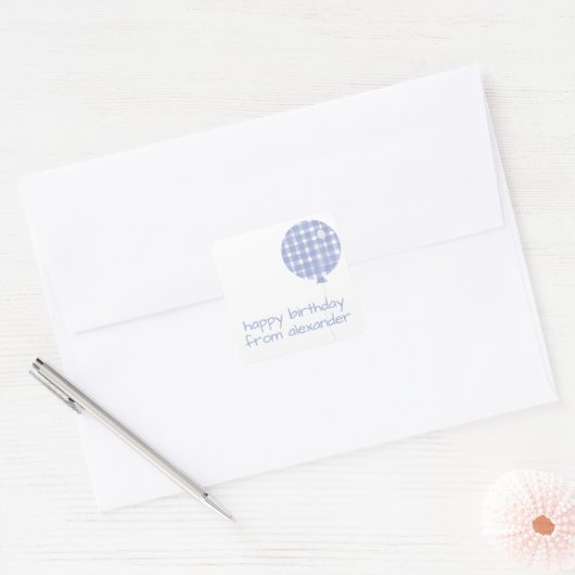 青いギンガム水色バルーンギフトシール スクエアシール (封筒)