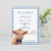 青いギンガム高地の牛の赤ちゃんシャワー 招待状 (スタンド正面)