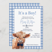 青いギンガム高地の牛の赤ちゃんシャワー 招待状 (正面/裏面)