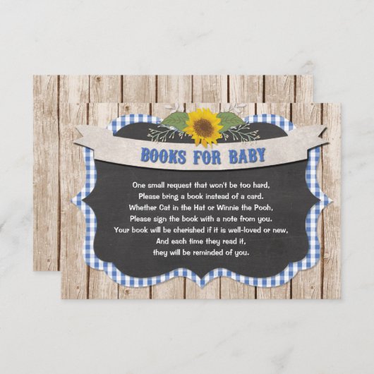 青いギンガム黄色のひまわりの花の本ベビー エンクロージャーカード (正面/裏面)