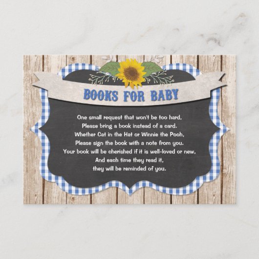 青いギンガム黄色のひまわりの花の本ベビー エンクロージャーカード (正面)